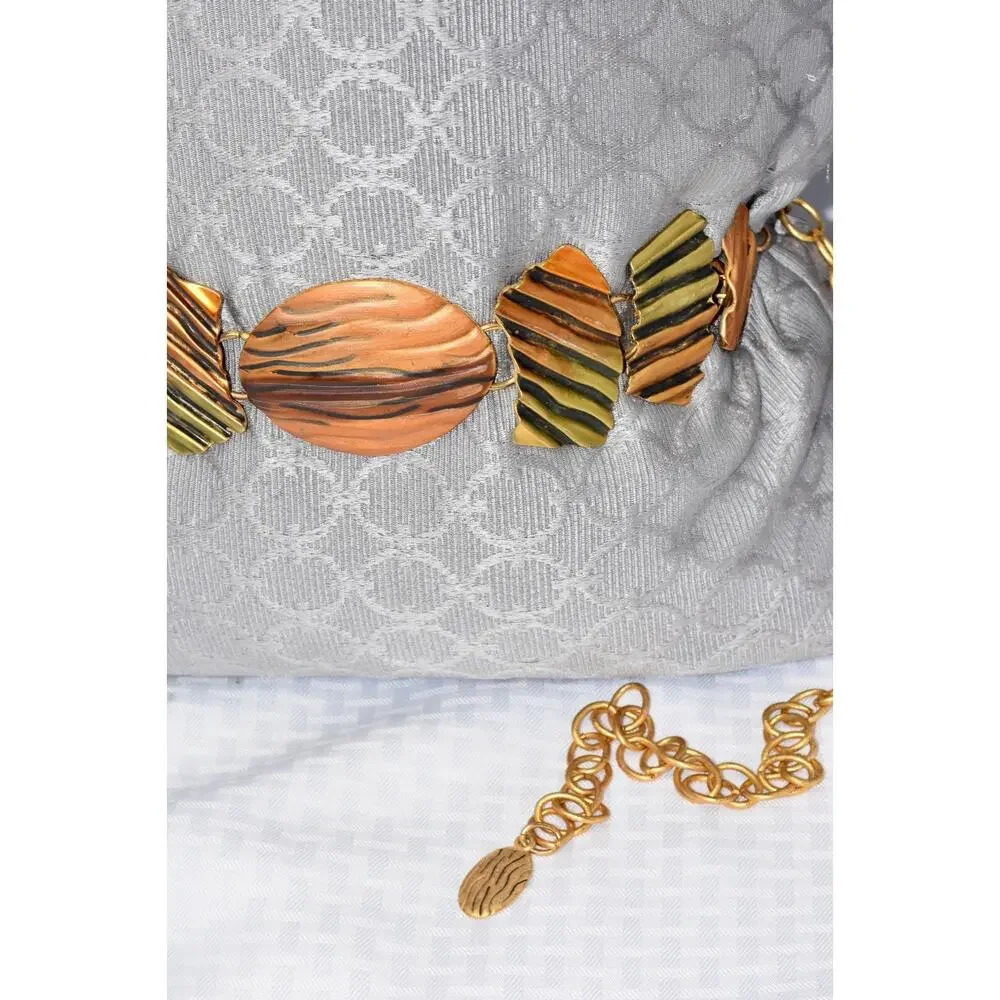 CHICOS Medallion Brushed Metal Copper, Gold and Green Color Chain Statement Belt
